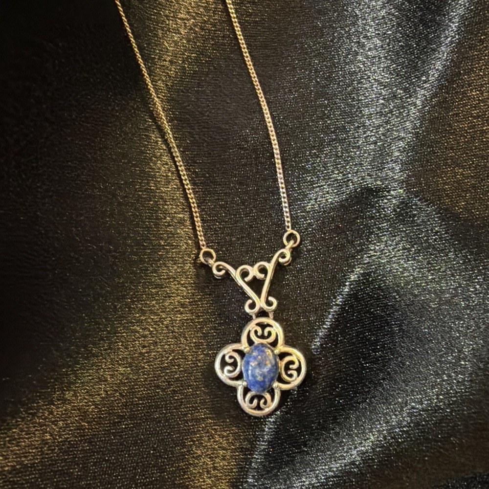Vintage 925 Sterling Silver Lapis Lazuli Filigree Pendant Necklace Openwork 19''